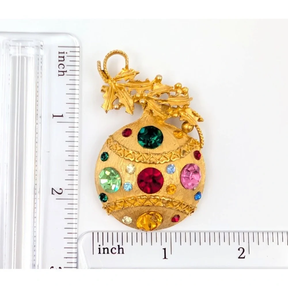 Vintage Gold Tone Ornament Brooch Rhinestone Christmas‎ Ball Statement Piece